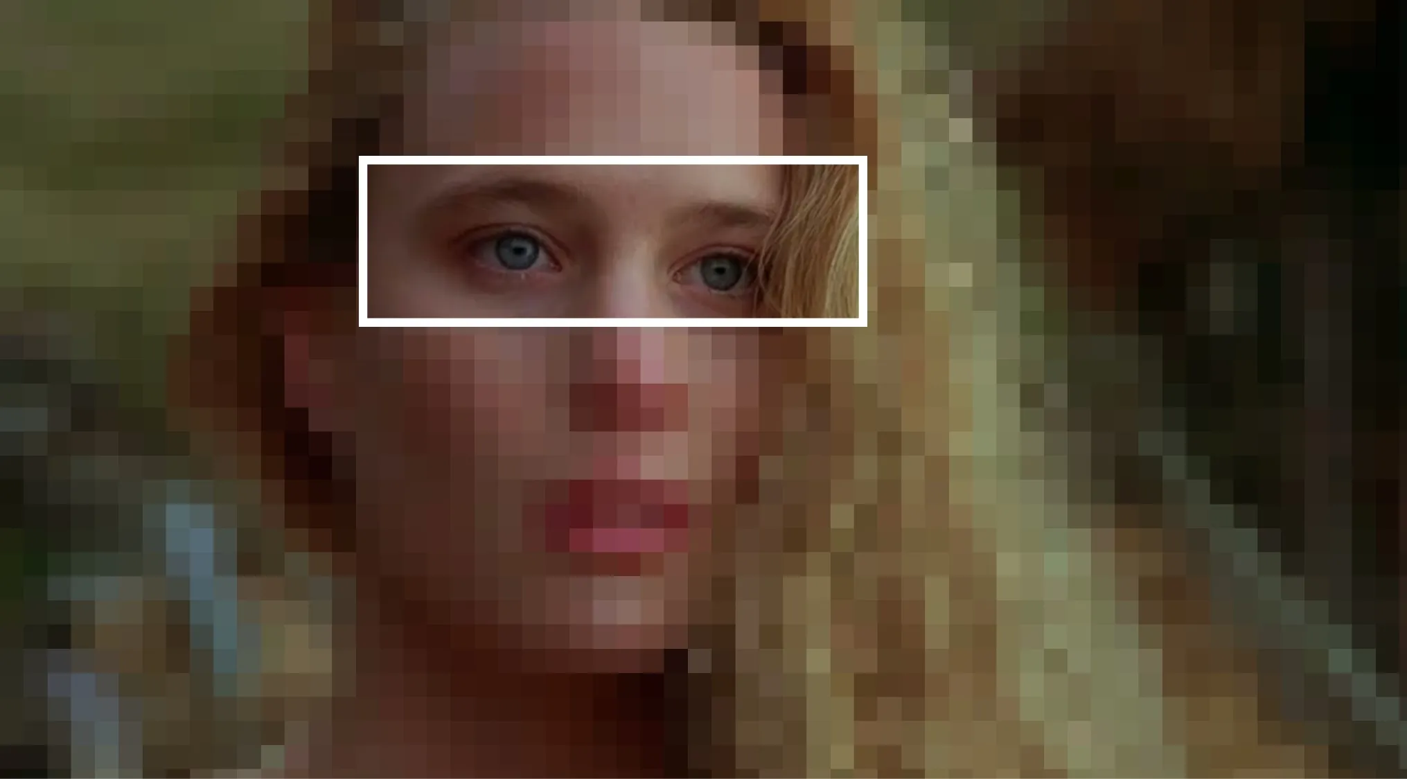 Close-up of a woman’s eyes with curly blonde hair, part of a guess the movie from the characters' eyes challenge.