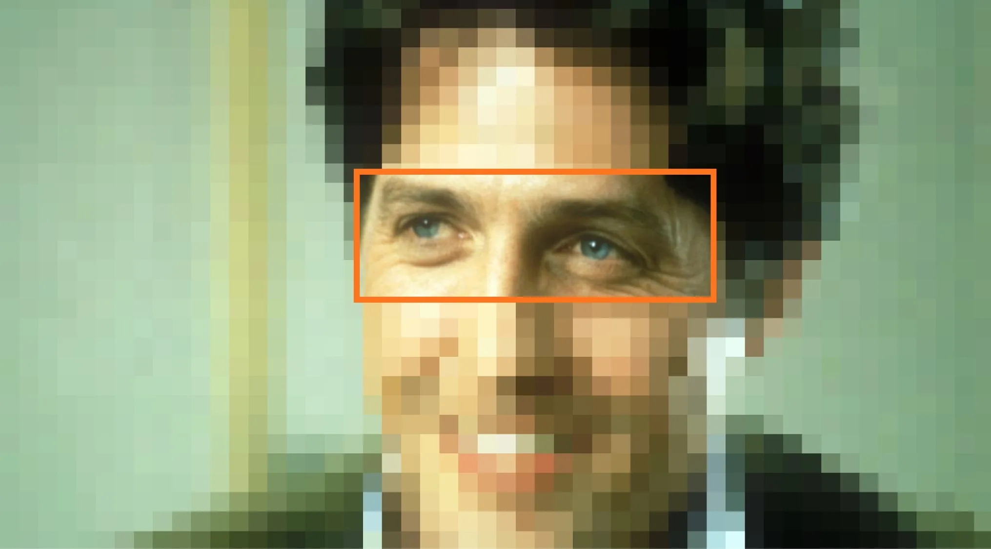 Close-up of a smiling man's eyes highlighted in a puzzle to guess the movie from the characters' eyes.