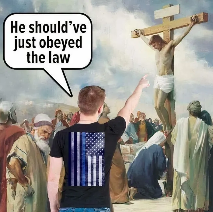 Man wearing a distressed American flag shirt pointing at Jesus on the cross, with a speech bubble about obeying the law, unhinged posts.