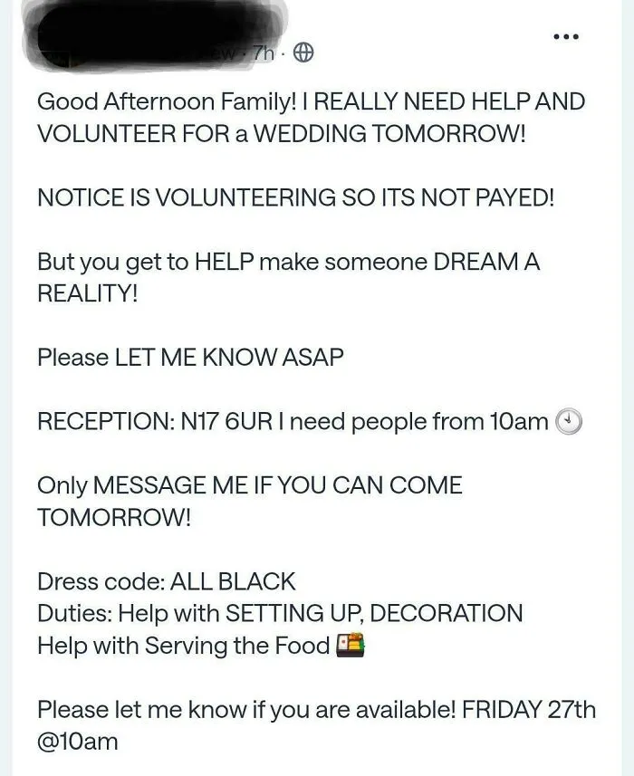 Nextdoor Post Requesting Correctly Dressed Volunteers
