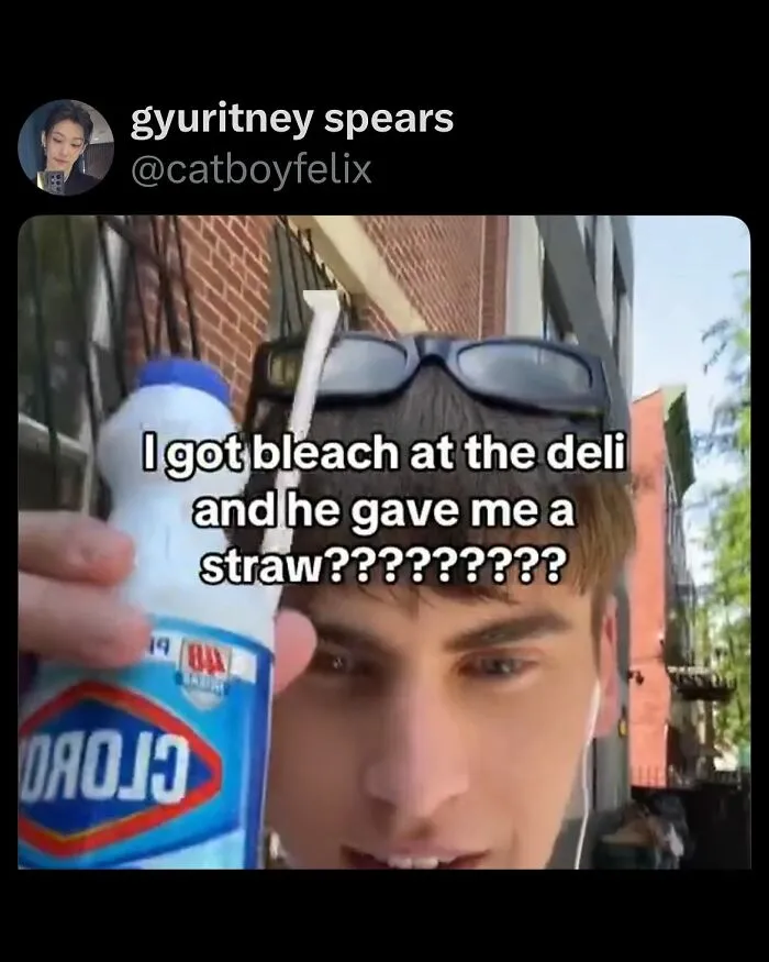 Young man holding a bleach bottle with sunglasses on his head, a humorous random tweet about receiving a straw at the deli.