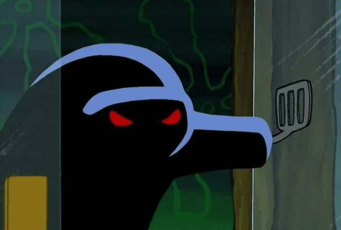 Shadowy figure with red eyes wearing a hood, holding a spatula, representing graveyard shift worker confusion and fear.