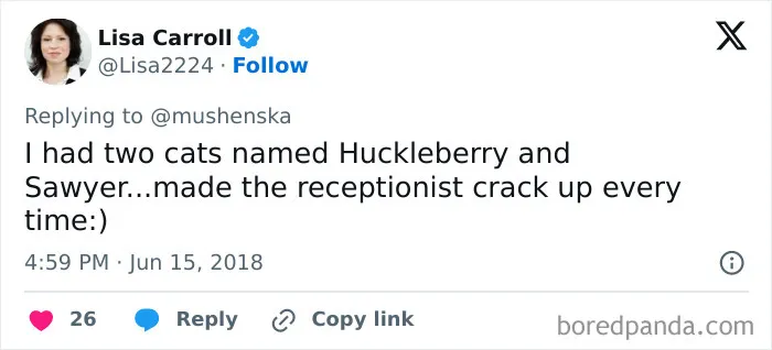 Tweet showing a user sharing funny pet names Huckleberry and Sawyer, part of ridiculous pet names shared online.