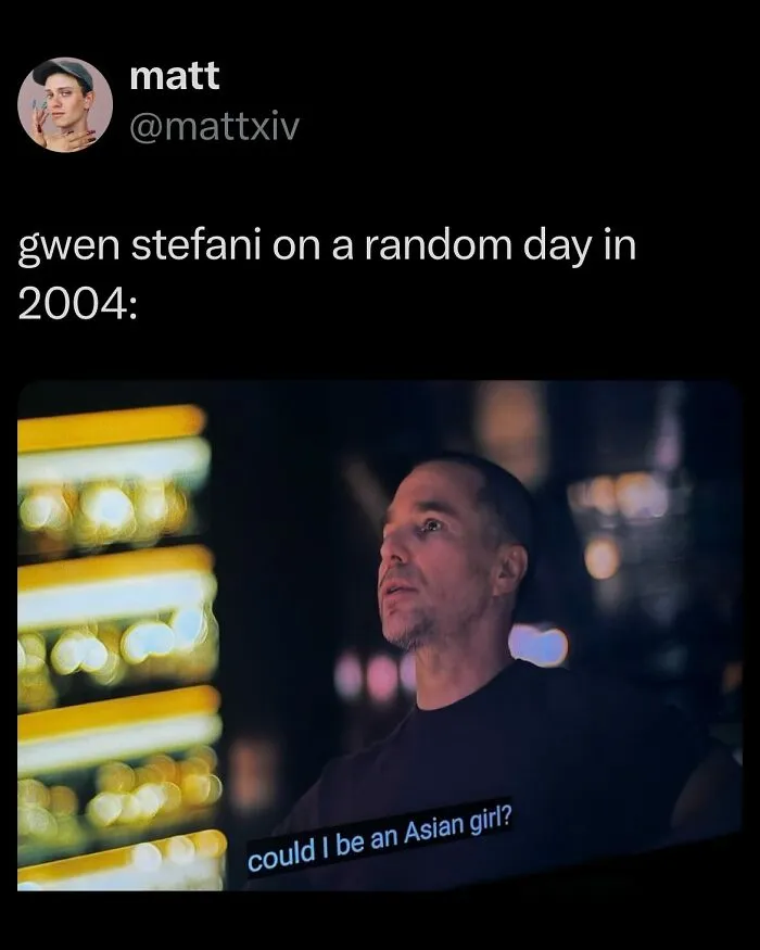 Tweet by user mattxiv showing a humorous caption with a man looking thoughtful in a dimly lit setting, random tweets funny