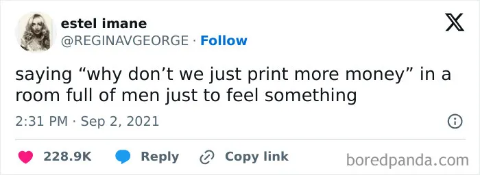 Social media post joking about printing more money to feel something, part of brilliantly unhinged posts collection.