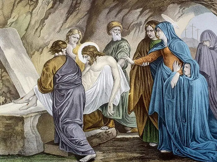 People in historical robes carrying a figure near a stone tomb, illustrating mysteries that were finally cracked.