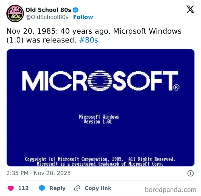 Screenshot of the original Microsoft Windows 1.0 release shared by a popular 80s nostalgia X page.