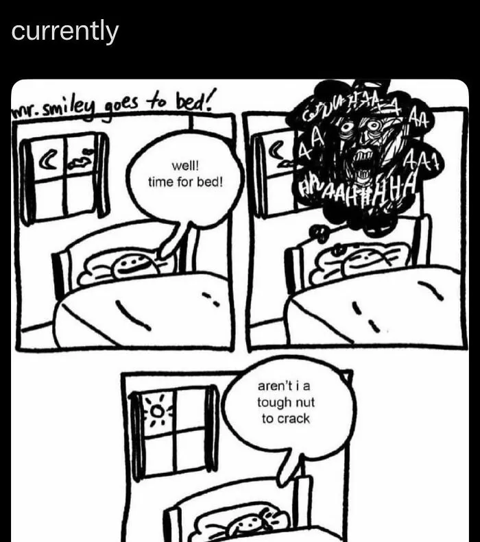 Black and white comic with funny night and day scenes showing a character in bed, illustrating random tweets humor.