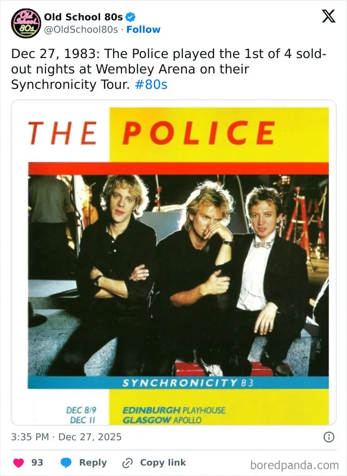 Vintage photo of The Police from the 80s, featured on a popular X page for 80s memory lane fans.