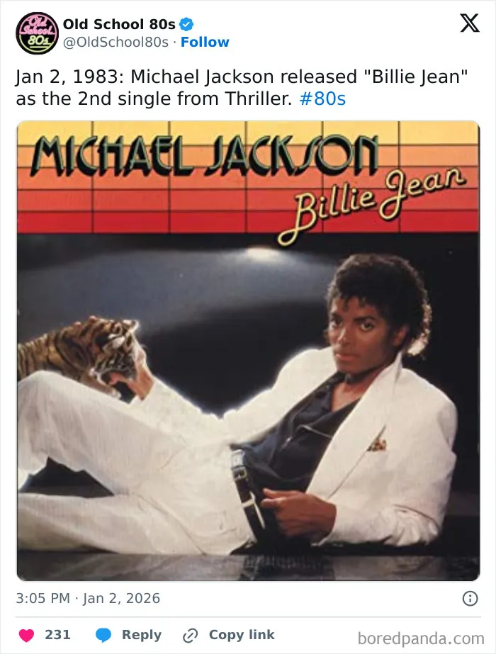 Michael Jackson Billie Jean album cover posted on popular 80s nostalgia X page with over 300K followers.