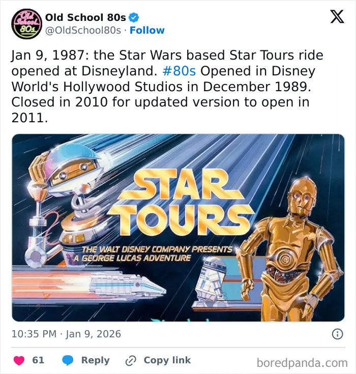 Star Tours ride announcement on an X page with over 300K followers reminiscing about the 80s nostalgia.