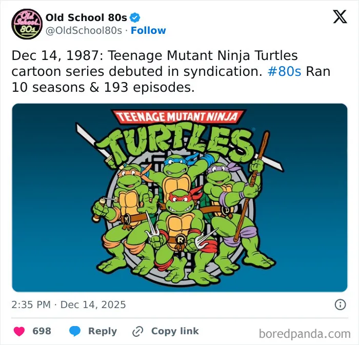 Teenage Mutant Ninja Turtles 80s cartoon characters in colorful poses on a vintage blue background.