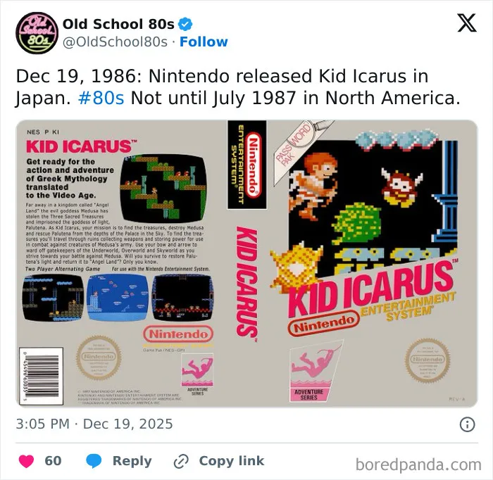 Vintage Kid Icarus Nintendo game box displayed on Old School 80s X page with over 300K followers reminiscing the 80s.