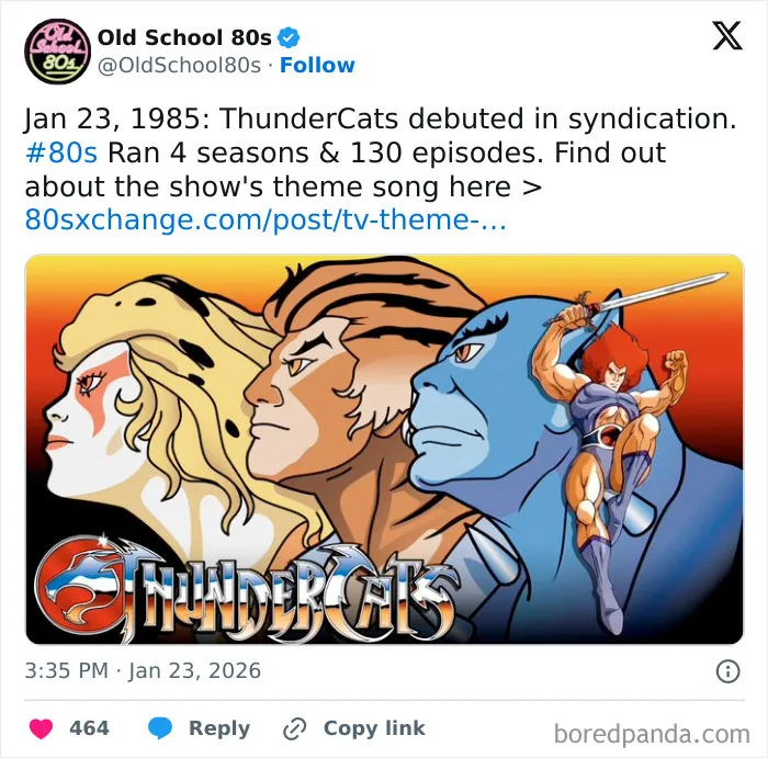 Alt text: Animated Thundercats characters with vibrant colors featured on popular 80s nostalgia X page followed by over 300K people.