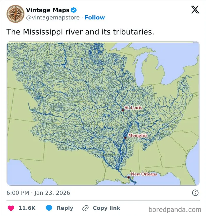 Map showing the Mississippi River and its tributaries across the central United States, a cool map for cartography fans.