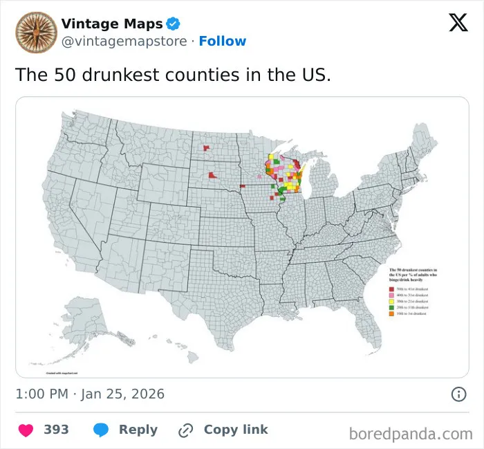 US map highlighting the 50 drunkest counties with color-coded data, a cool map for cartography enthusiasts to enjoy.