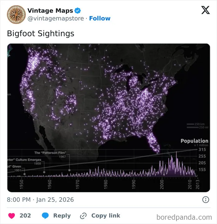 Map showing Bigfoot sightings across the US with data points highlighted, featured in cool maps for cartography enthusiasts.
