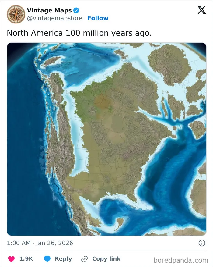 North America map from 100 million years ago showing ancient coastlines and geographic features in a cool maps collection.