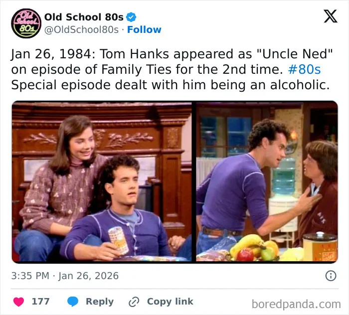 Screenshot of Old School 80s X page post about Tom Hanks in a 1984 Family Ties episode featuring 80s nostalgia content.