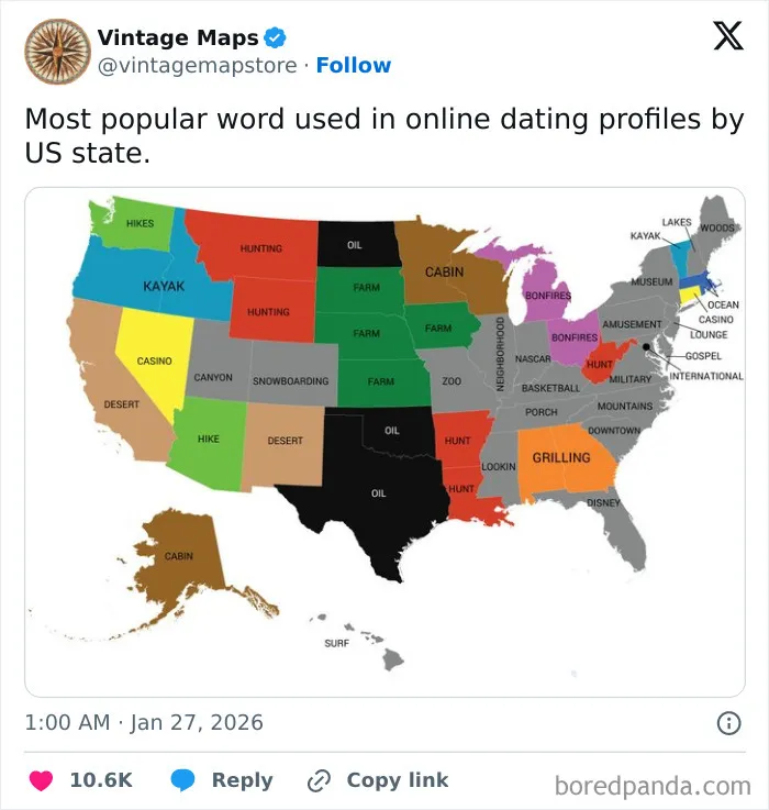 Map of the US showing the most popular words in online dating profiles by state, highlighting cool maps for cartography fans.