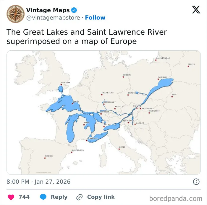 Great Lakes and Saint Lawrence River overlaid on a Europe map showing scale and geographical comparison for cartography enthusiasts.