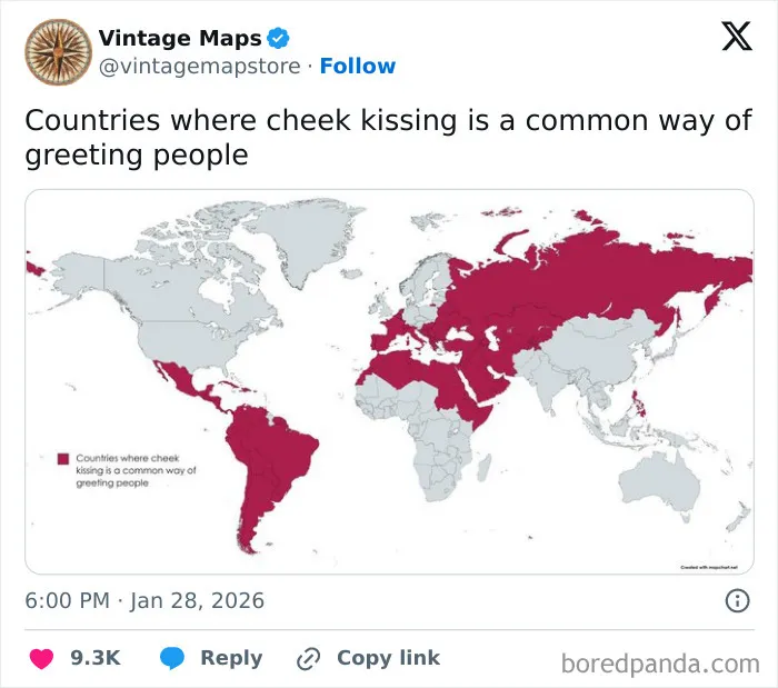 World map showing countries where cheek kissing is a common greeting, featuring cool maps for cartography enthusiasts.