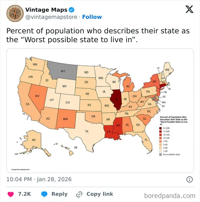 Choropleth map showing percent of population rating their state as the worst place to live in cool maps collection.