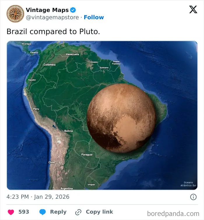 Map comparing the size of Brazil to the dwarf planet Pluto featured in cool maps for non-cartography enthusiasts.