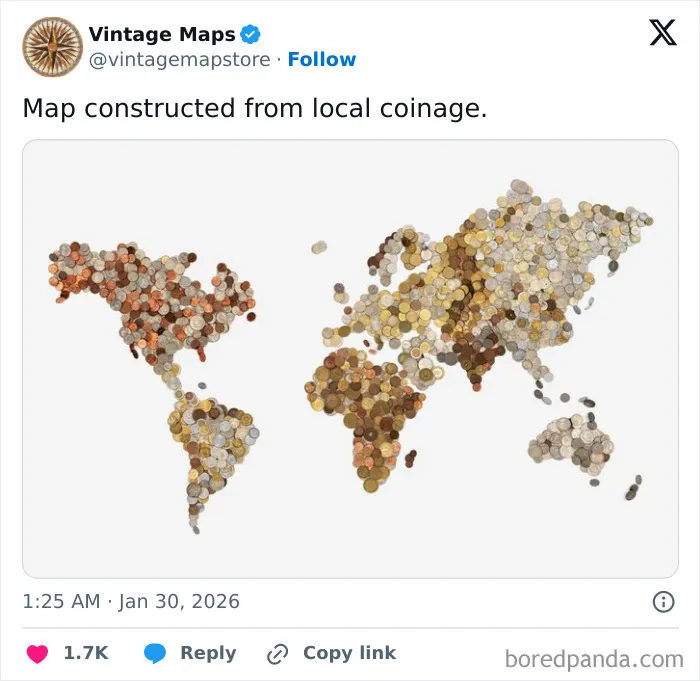 World map constructed from various local coins representing currency in a cool maps collection for cartography enthusiasts.