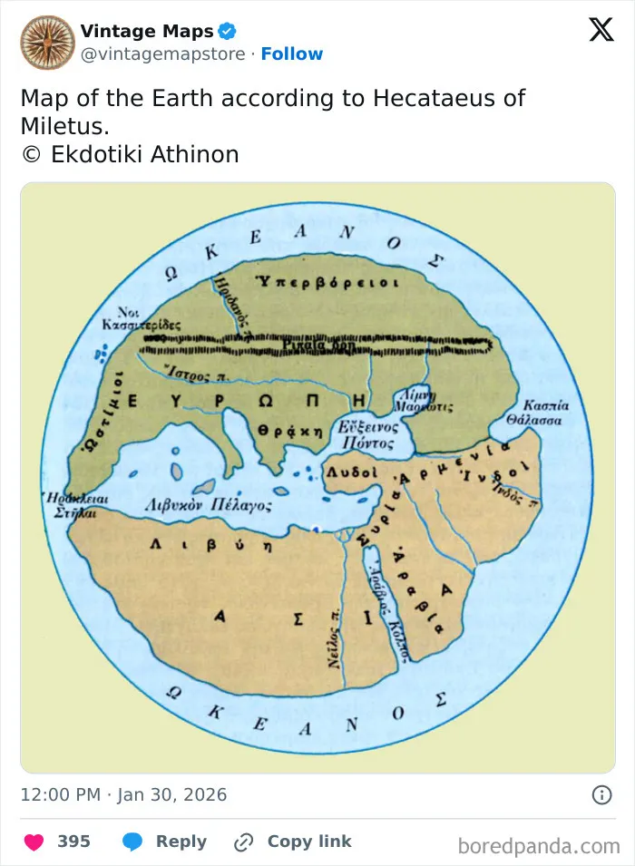Ancient map of the Earth by Hecataeus of Miletus showcasing early cartography in a circular design.