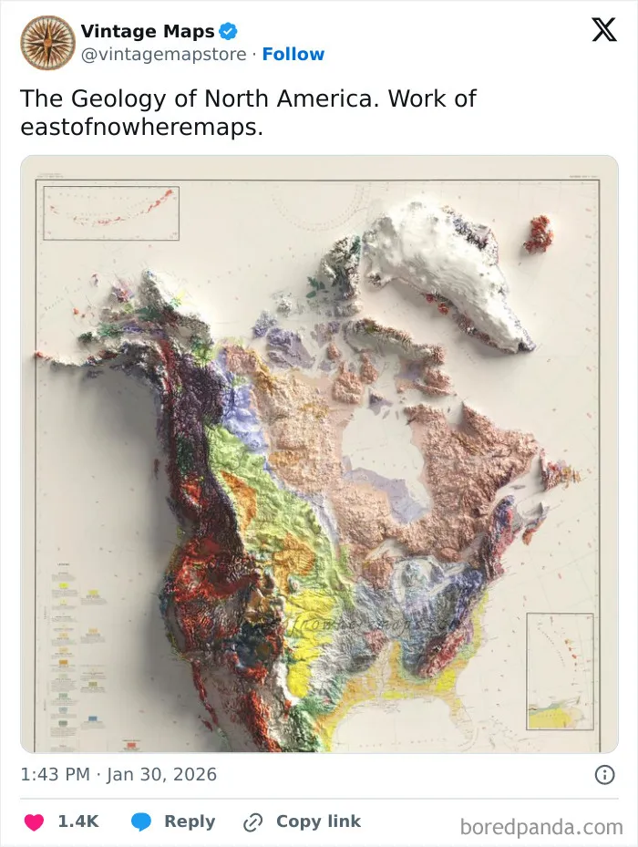 Colorful geological map of North America showing detailed terrain features and elevations for map enthusiasts.