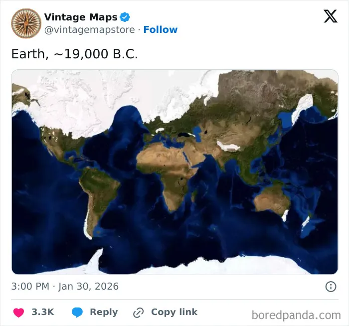 Ancient Earth world map showing continents and oceans around 19,000 B.C. for cool maps and cartography enthusiasts.
