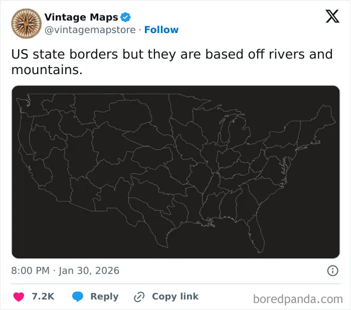 US map showing state borders following natural features like rivers and mountains in a cool map style.
