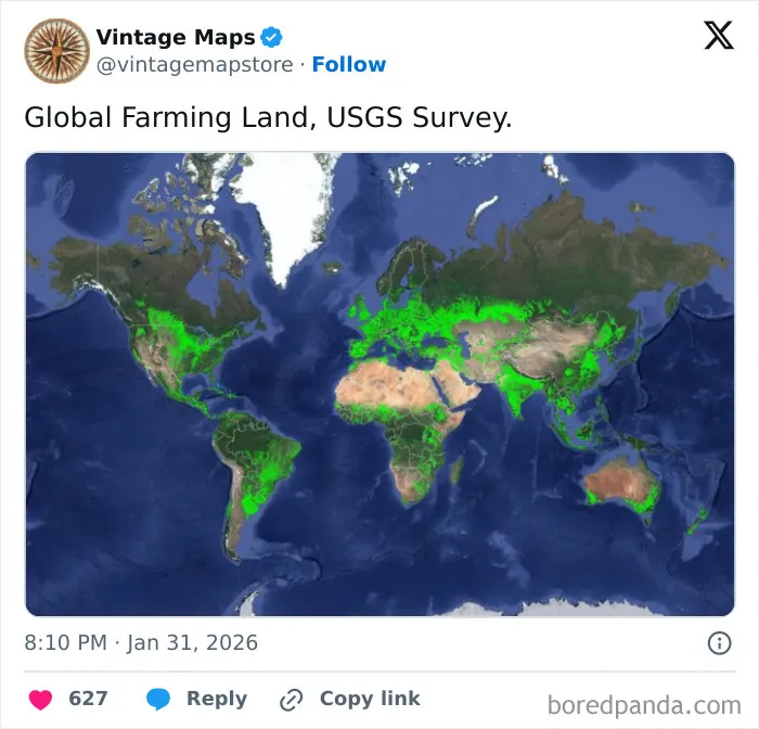World map highlighting global farming land in bright green for cool maps enthusiasts and cartography fans.