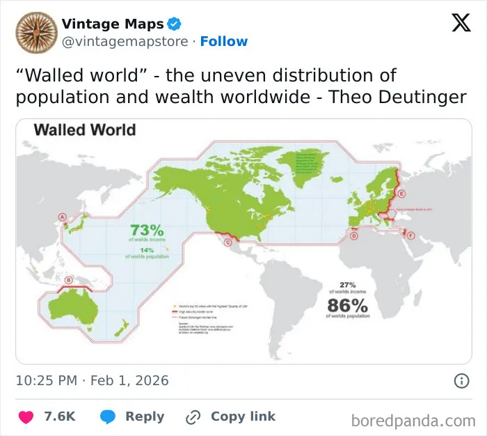 Map showing uneven distribution of population and wealth worldwide, highlighting key regions in a cool cartography style.