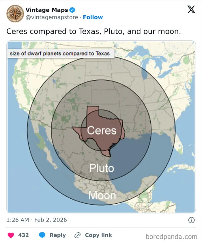 Map comparing the sizes of dwarf planets Ceres and Pluto to Texas and the Moon on a US geographic background.