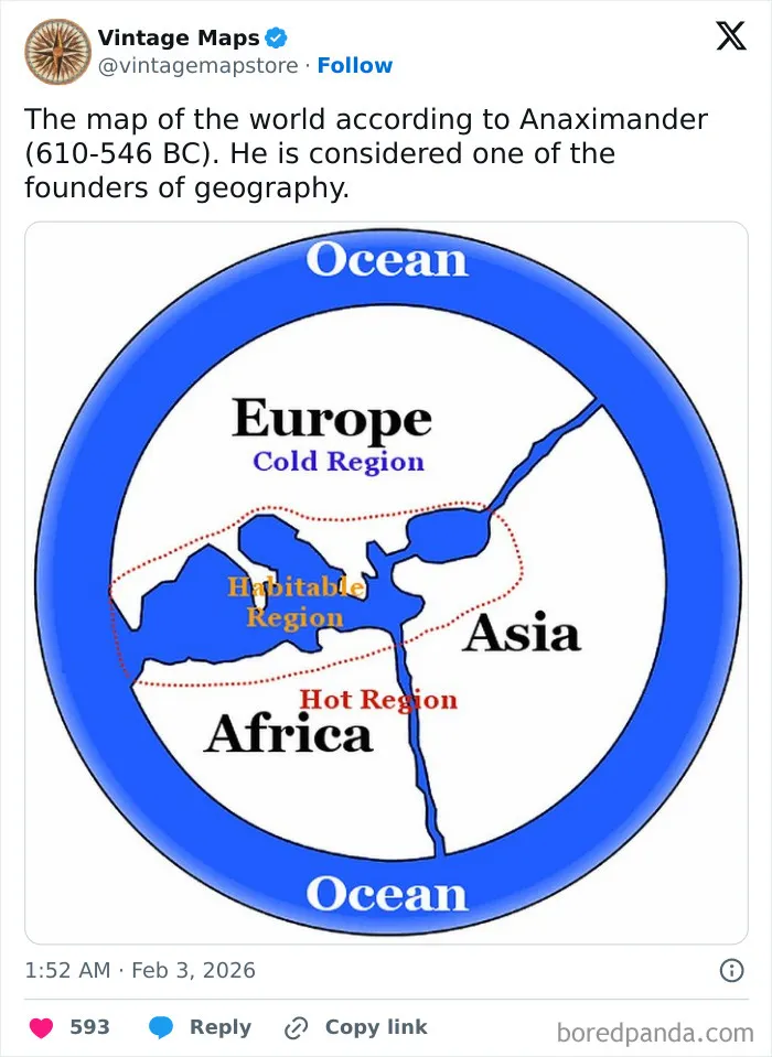 Ancient world map by Anaximander showing Europe, Asia, Africa, and ocean regions in a unique cartography style.