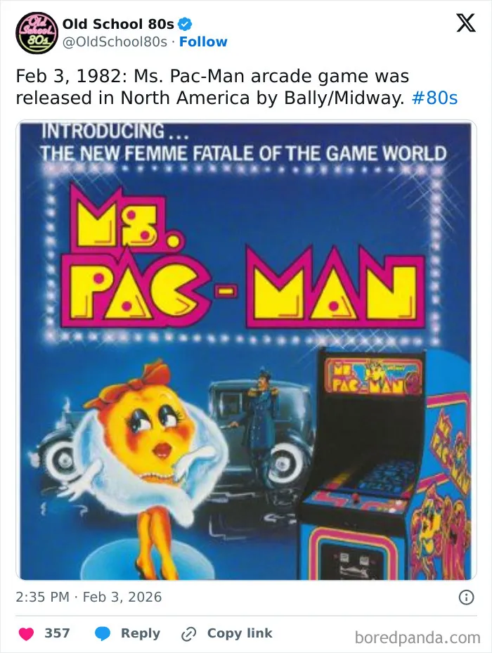 Ms. Pac-Man arcade game poster with retro design, shared by popular 80s nostalgia X page with over 300K followers.