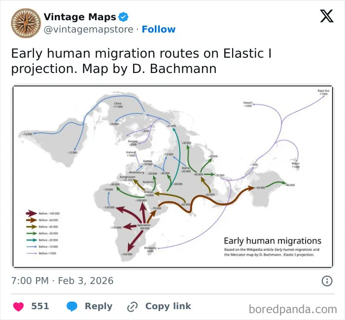Map showing early human migration routes with color-coded arrows on a historical world map, a cool map for cartography fans.
