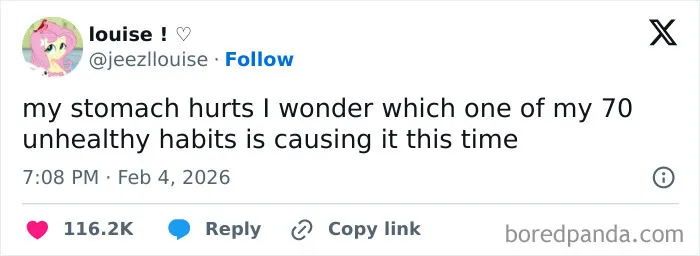 Screenshot of a chaotic and hilarious X post where the user humorously complains about unhealthy habits causing stomach pain.