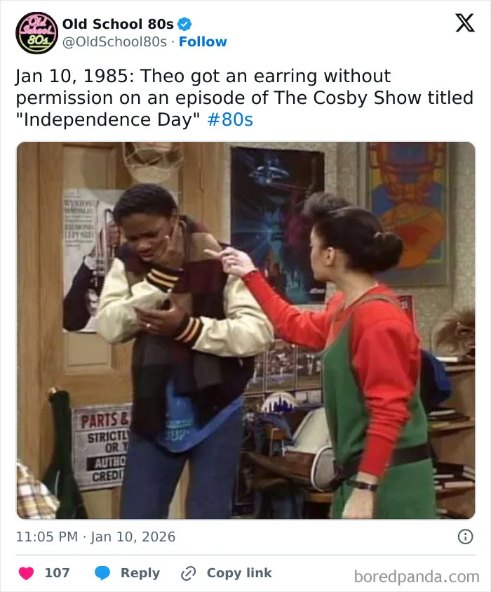 Scene from The Cosby Show in the 80s with characters interacting, reflecting nostalgia popular on X pages from the 80s era.