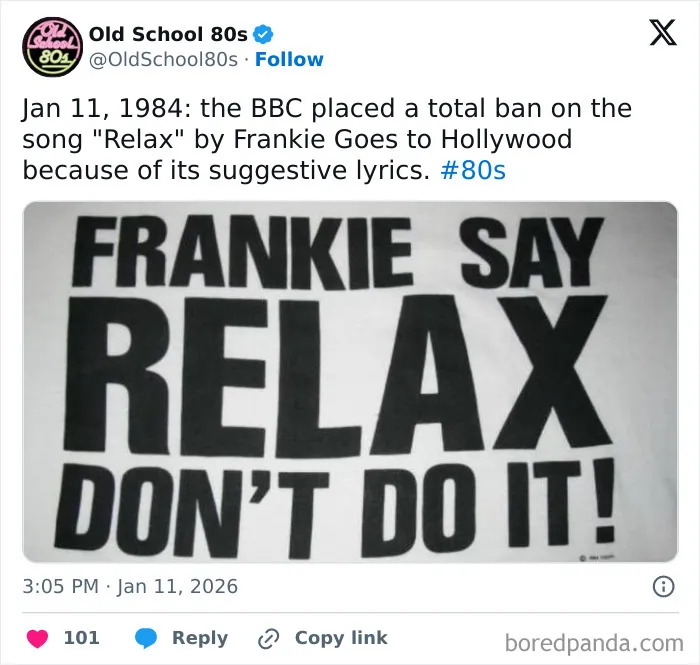 Tweet from Old School 80s page about the BBC ban on the song Relax by Frankie Goes to Hollywood in 1984, 80s nostalgia.