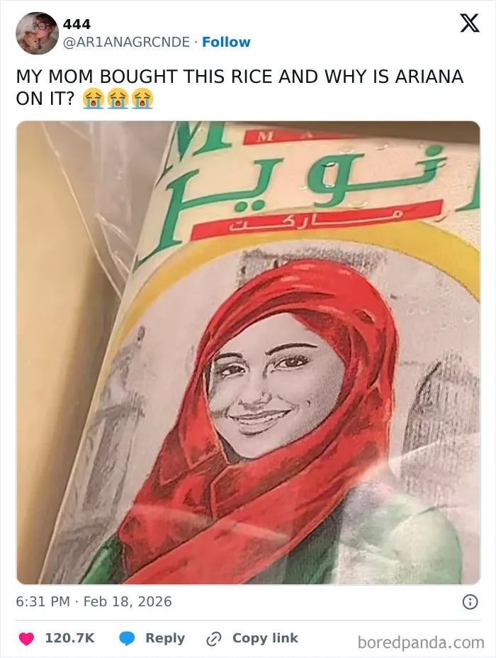 Tweet showing a humorous post with a rice bag featuring a smiling woman in a red scarf, part of chaotic and hilarious X posts.