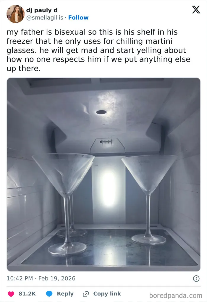 Empty martini glasses chilling on a freezer shelf in a humorous X post coping with humor in February.