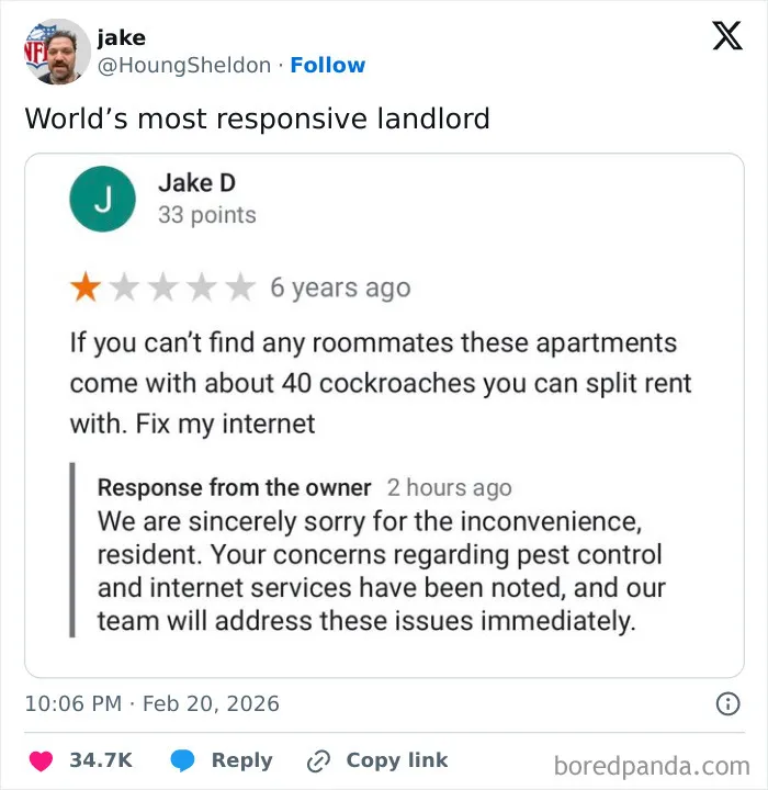 A humorous X post showing a landlord’s witty response to a tenant’s complaint about cockroaches and internet issues.