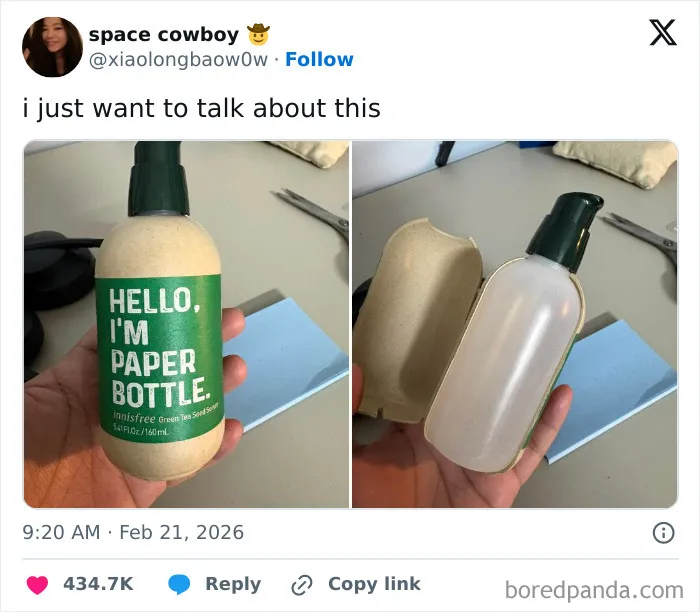 Hand holding an eco-friendly paper bottle with a plastic container inside, showcasing a humorous X post.