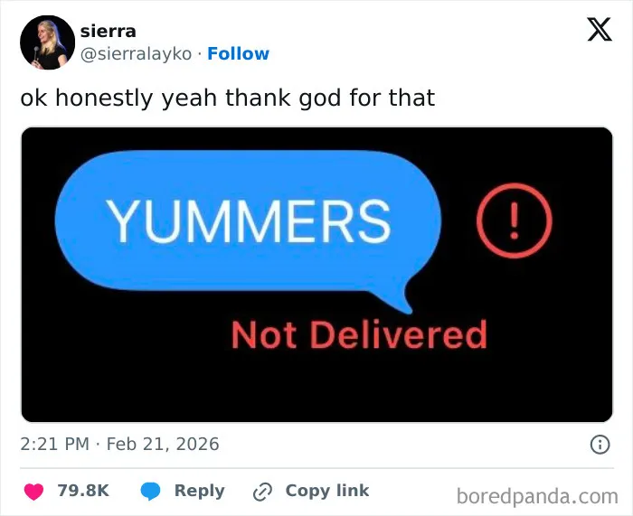 Screenshot of a chaotic and hilarious social media post showing a failed message labeled YUMMERS with not delivered alert.