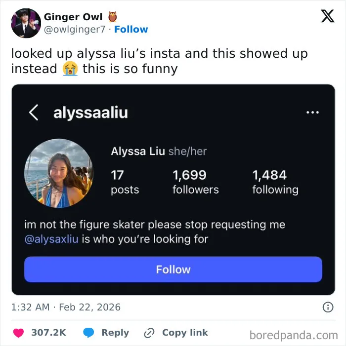 Screenshot of a humorous X post showing a mistaken Instagram profile with a funny caption coping with humor.