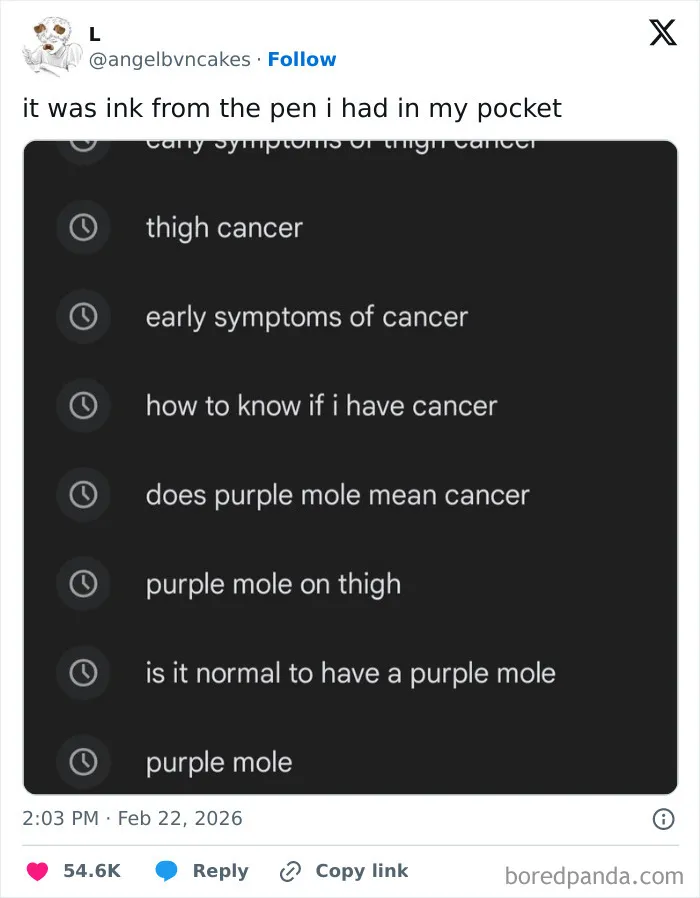 Screenshot of a humorous chaotic X post showing worried cancer-related search history coping with humor.