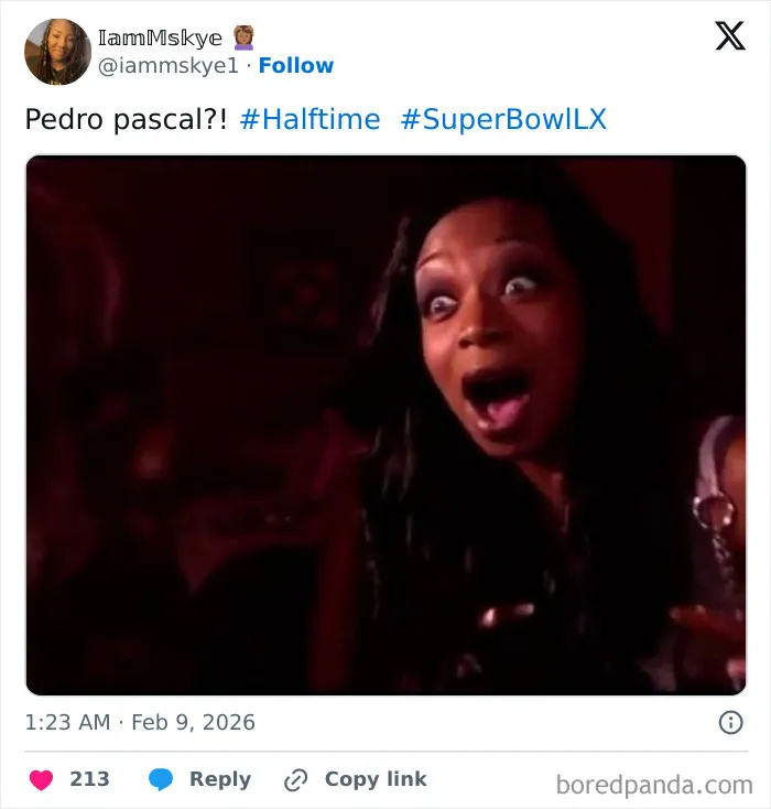 Woman with wide eyes and open mouth reacting in surprise to Super Bowl LX halftime show memes and reactions.